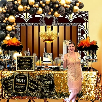Roaring 20s Party Decorations,Photography Backdrop, Black Gold Balloon Garland Kit, Retro Jazz Party...
