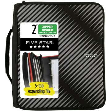 Five Star Zipper Binder with 6 Pocket File - Black