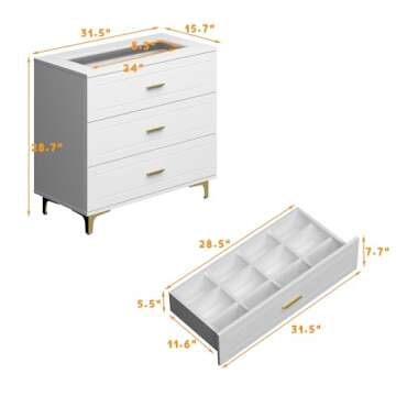 Homsee Modern Dresser Storage Chest with 3 Drawers, Glass Top & Jewelry Organizer, Wood Dresser Ches...