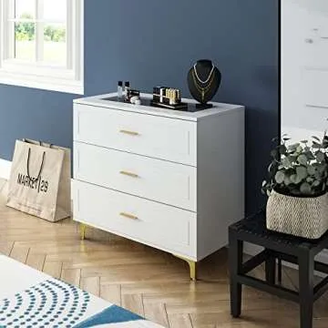 Homsee Modern Dresser Storage Chest with 3 Drawers, Glass Top & Jewelry Organizer, Wood Dresser Chest with Metal Legs for Bedroom, Living Room & Hallway, White (31.5”L x 15.7”W x 28.7”H)