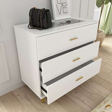 Homsee Modern Dresser Storage Chest with 3 Drawers, Glass Top & Jewelry Organizer, Wood Dresser Chest with Metal Legs for Bedroom, Living Room & Hallway, White (31.5”L x 15.7”W x 28.7”H)