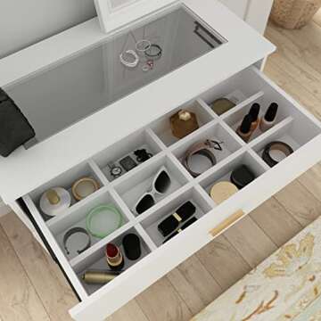 Homsee Modern Dresser Storage Chest with 3 Drawers, Glass Top & Jewelry Organizer, Wood Dresser Chest with Metal Legs for Bedroom, Living Room & Hallway, White (31.5”L x 15.7”W x 28.7”H)