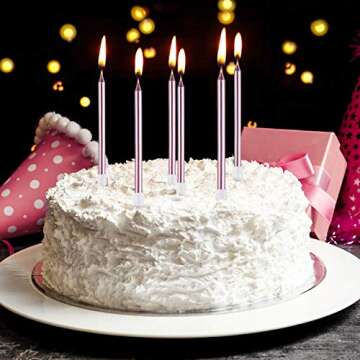Frienda Metallic Birthday Cake Candles in Holders Long Thin Birthday Candles Cupcake Candles Wedding Party Cake Decorations (Pink)