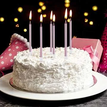 Frienda Metallic Birthday Cake Candles in Holders Long Thin Birthday Candles Cupcake Candles Wedding Party Cake Decorations (Pink)