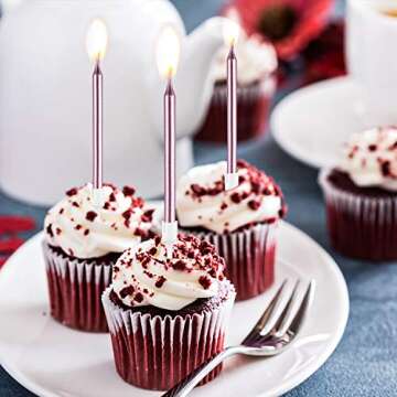 Frienda Metallic Birthday Cake Candles in Holders Long Thin Birthday Candles Cupcake Candles Wedding Party Cake Decorations (Pink)