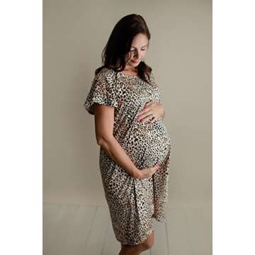 Three Little Tots Mommy Labor and Delivery Gown - Stretchy Soft Maternity and Nursing Nightgown (Leopard, Medium/Large)