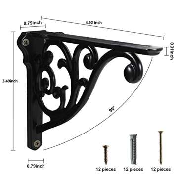 Khtumeware ornate decorative shelf brackets, 5-inch small wall mounted shelving bracket, 4 pack black vintage metal shelf bracket victorian wall bracket. (4, Black)