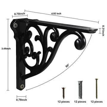 Khtumeware ornate decorative shelf brackets, 5-inch small wall mounted shelving bracket, 4 pack black vintage metal shelf bracket victorian wall bracket. (4, Black)