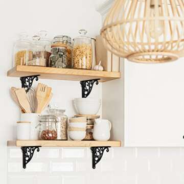 Khtumeware ornate decorative shelf brackets, 5-inch small wall mounted shelving bracket, 4 pack black vintage metal shelf bracket victorian wall bracket. (4, Black)