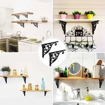 Khtumeware ornate decorative shelf brackets, 5-inch small wall mounted shelving bracket, 4 pack black vintage metal shelf bracket victorian wall bracket. (4, Black)