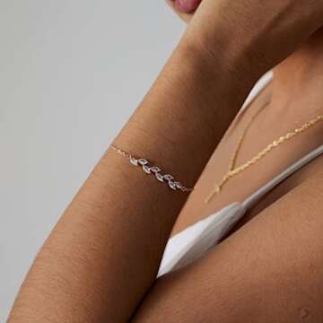 BERISO Dainty Bracelets for Women 14k Rose Gold Plated Tiny Cubic Zirconia Leaf Bracelets Minimalist Personalized Adjustable CZ Leaves Shining Bracelet Fancy Jewelry