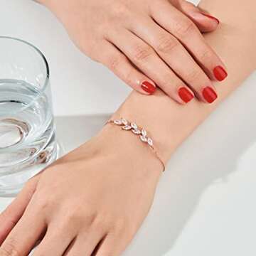 BERISO Dainty Bracelets for Women 14k Rose Gold Plated Tiny Cubic Zirconia Leaf Bracelets Minimalist Personalized Adjustable CZ Leaves Shining Bracelet Fancy Jewelry