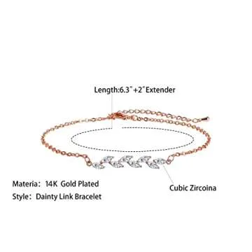 BERISO Dainty Bracelets for Women 14k Rose Gold Plated Tiny Cubic Zirconia Leaf Bracelets Minimalist Personalized Adjustable CZ Leaves Shining Bracelet Fancy Jewelry
