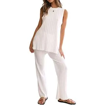 Sexy Two Pieces Knit Pants Set for Women Y2K 2Pcs Matching Set Strapless Tube Top Pleated Wide Leg F...