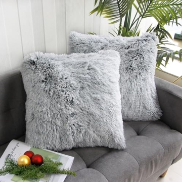 Uhomy 2 Packs Fluffy Plush Pillow Cover 18"x18", Luxury Gray Soft Fuzzy Faux Fur Throw Pillow Cover ...