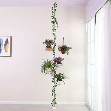 BAOYOUNI 7-Layer Indoor Plant Stands Spring Tension Pole Metal Flower Display Rack Space Saver Corner Floral Pot Hanger Shelf, Ivory