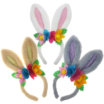 Pack of 3pcs, Luxurious Plush Easter Bunny Ears Headband with Flowers for Kids Adult, Cosplay Costum...