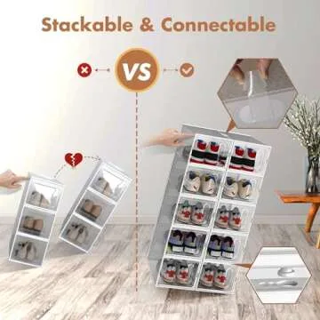 GONAT X-Large Shoe Storage Boxes, 12 Pack Shoe Organizers with Magnetic Door, Four Way Connection Shoe Containers, Clear Plastic Stackable Sneaker Bin for Closet, White,Christmas Gift