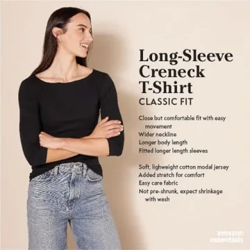 Amazon Essentials Women's Classic-Fit Long-Sleeve Crewneck T-Shirt (Available in Plus Size), Black/White Stripe, Medium