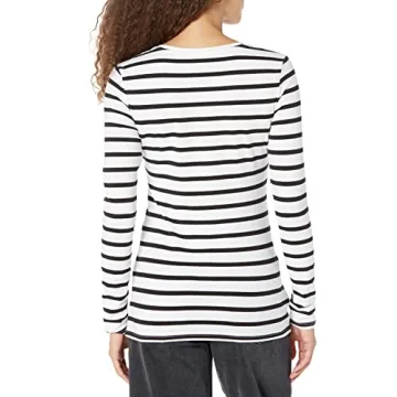 Amazon Essentials Women's Classic-Fit Long-Sleeve Crewneck T-Shirt (Available in Plus Size), Black/White Stripe, Medium