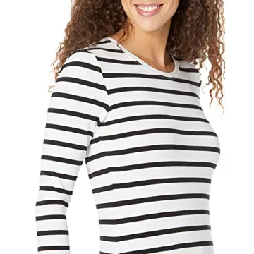 Amazon Essentials Women's Classic-Fit Long-Sleeve Crewneck T-Shirt (Available in Plus Size), Black/White Stripe, Medium