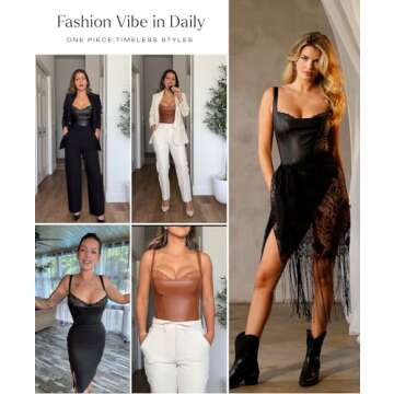 Popilush Leather Corset Tops for Women - Lace Shapewear Bodysuits Tummy Control Faux Leather Thong Body Suits