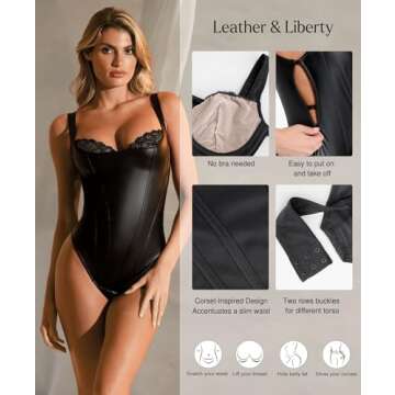 Popilush Leather Corset Tops for Women - Lace Shapewear Bodysuits Tummy Control Faux Leather Thong Body Suits