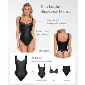 Popilush Leather Corset Tops for Women - Lace Shapewear Bodysuits Tummy Control Faux Leather Thong Body Suits