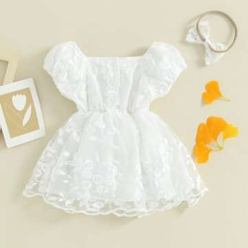 Newborn Baby Girl Romper Dress Flower Embroidered Puff Sleeve Tulle Bodysuit Headband Summer Princes...