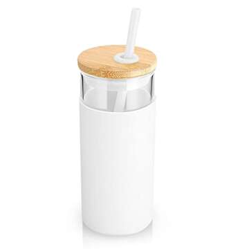 Tronco 20oz Glass Tumbler Glass Water Bottle Straw Silicone Protective Sleeve Bamboo Lid - BPA Free (White Black)