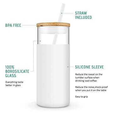 Tronco 20oz Glass Tumbler Glass Water Bottle Straw Silicone Protective Sleeve Bamboo Lid - BPA Free (White Black)