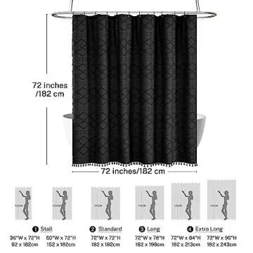 Siiluminisoy Black Textured Shower Curtain with Tassels 72x72