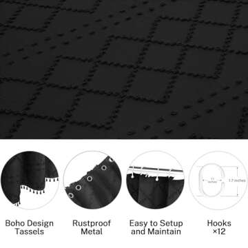 Siiluminisoy Black Textured Shower Curtain with Tassels 72x72