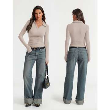 Prettywear Women's 2024 Casual Tops Polo V Neck Business Work Blouses Basic long Sleeve Soft Knit Fall Fashion T Shirts Oatmeal