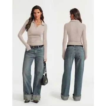 Prettywear Women's 2024 Casual Tops Polo V Neck Business Work Blouses Basic long Sleeve Soft Knit Fall Fashion T Shirts Oatmeal