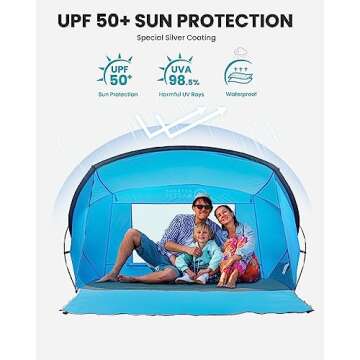 OutdoorMaster Beach Tent for 3-4 Person - Easy Setup and Portable Beach Shade Sun Shelter Canopy with UPF 50+ UV Protection Removable Skylight Family Size-Blue