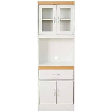 Hodedah Long Standing Kitchen Cabinet with Top and Bottom Enclosed Cabinet Space, One Drawer, Large Open Space for Microwave, White