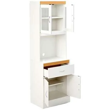 Hodedah Long Standing Kitchen Cabinet with Top and Bottom Enclosed Cabinet Space, One Drawer, Large Open Space for Microwave, White