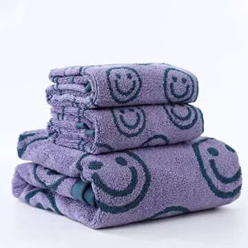 IDORESPELL Luxury Cute Smiling Face Purple Green Bath Towel Sets for Bathroom, 1 Bath Towels 2 Hand ...