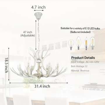 Bagood White Antler Chandelier 31.4" Adjustable Vintage Style Deer Antler Chandelier Dimmable Resin Antler Light Fixtures 6 Lights Farmhouse Antlers Chandelier Double Layer for Dining Room Living Room