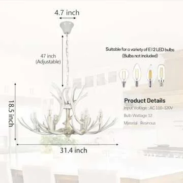 Bagood White Antler Chandelier 31.4" Adjustable Vintage Style Deer Antler Chandelier Dimmable Resin Antler Light Fixtures 6 Lights Farmhouse Antlers Chandelier Double Layer for Dining Room Living Room