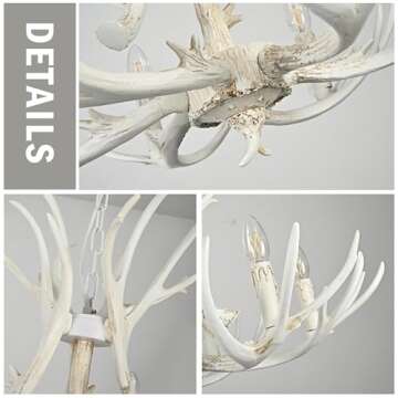 Bagood White Antler Chandelier 31.4" Adjustable Vintage Style Deer Antler Chandelier Dimmable Resin Antler Light Fixtures 6 Lights Farmhouse Antlers Chandelier Double Layer for Dining Room Living Room