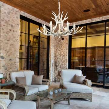 Bagood White Antler Chandelier 31.4" Adjustable Vintage Style Deer Antler Chandelier Dimmable Resin Antler Light Fixtures 6 Lights Farmhouse Antlers Chandelier Double Layer for Dining Room Living Room