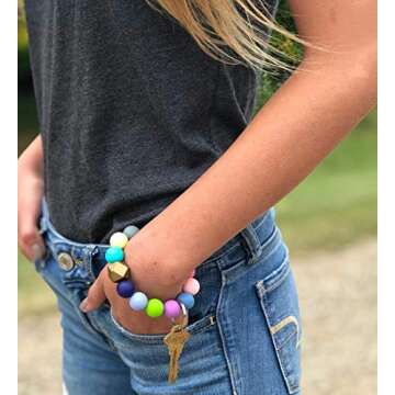 NVENF Silicone Bead Keychain Bracelet Large Keyring Elastic House Car Key Ring Wristlet Bangles(Rain...