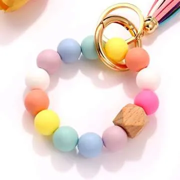 NVENF Silicone Bead Keychain Bracelet Large Keyring Elastic House Car Key Ring Wristlet Bangles(Rainbow)