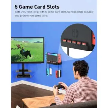 ZAONOOL Wall Mount for Nintendo Switch and Switch OLED, Metal Wall Mount Kit Shelf Accessories with 5 Game Card Holders and 4 Joy Con Brackets, Safely Store Switch Console Near or Behind TV, Black