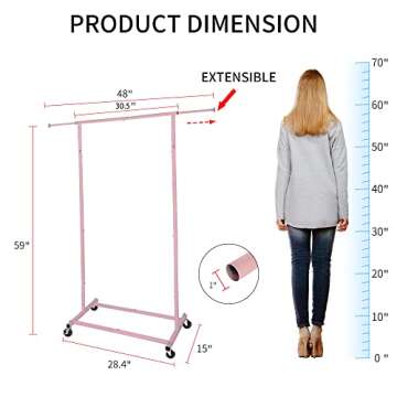Fishat 59" H Simple Portable Standard Pink Rolling Clothing Garment Rack for Girl Women, Metal Freestanding Hanging Clothes Organizer with Lockable Wheels for Dorm Bedroom Home Balcony