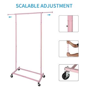 Fishat 59" H Simple Portable Standard Pink Rolling Clothing Garment Rack for Girl Women, Metal Freestanding Hanging Clothes Organizer with Lockable Wheels for Dorm Bedroom Home Balcony