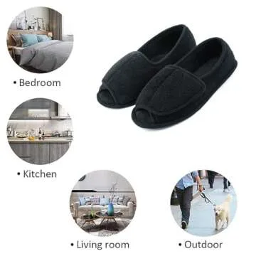 Git-up Diabetic Slippers for Women Memory Foam Arthritis Edema Adjustable Open Toe Swollen Feet Slippers Bedroom House Indoor Outdoor Shoes with Rubber Sole, Black 11#