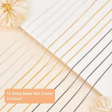 NICENEEDED 12 Strips Metal Nail Art Chains, Nail Jewelry Chains Nail Decorations with Box, 3D Gold &...